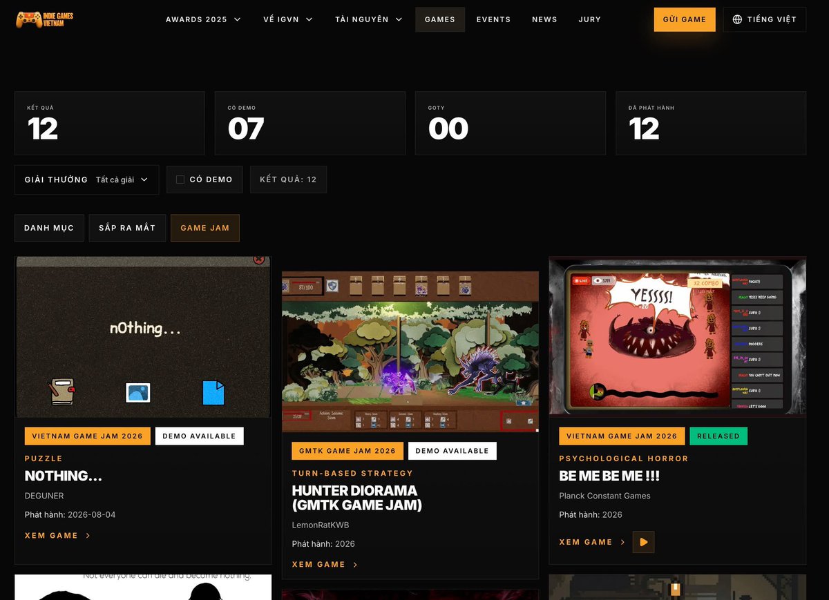 itsalanpham's tweet photo. Indie Games VN now has a section for Game Jam

GameJam Games in Vietnam are having a resurgence in quality and storytelling.

It’s only fitting to add a dedicated tab. When submitting, there is an option to mark your game as GameJam. https://t.co/SYCqpfBwVa
