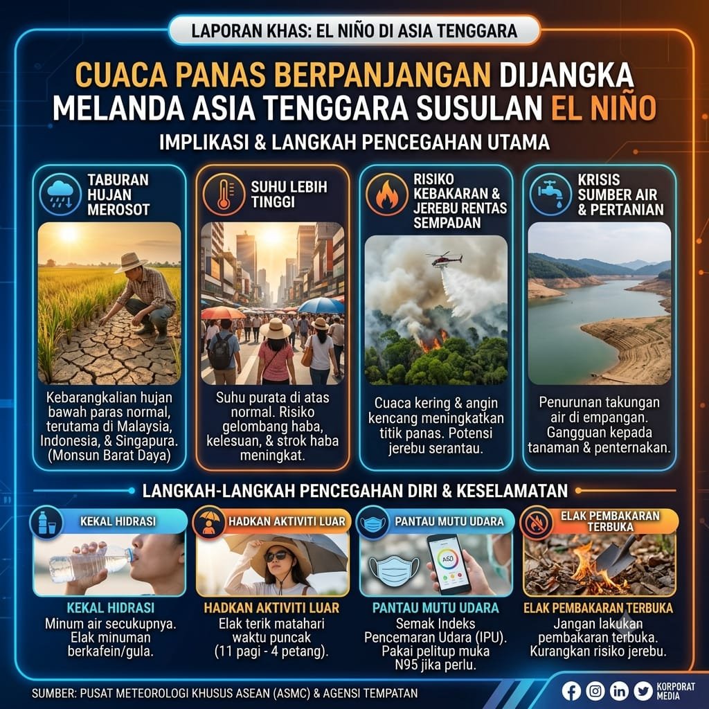SAkhlakenjr's tweet photo. Rantau Asia Tenggara dijangka berdepan dengan keadaan cuaca yang lebih panas, kering, dan risiko jerebu rentas sempadan yang meningkat bagi tempoh beberapa bulan ke hadapan.
Fenomena El Niño dikesan semakin mengukuh dan dijangka terus berterusan.
#MADANIBekerja
#Merdeka2026 https://t.co/T6YhcVSCy0