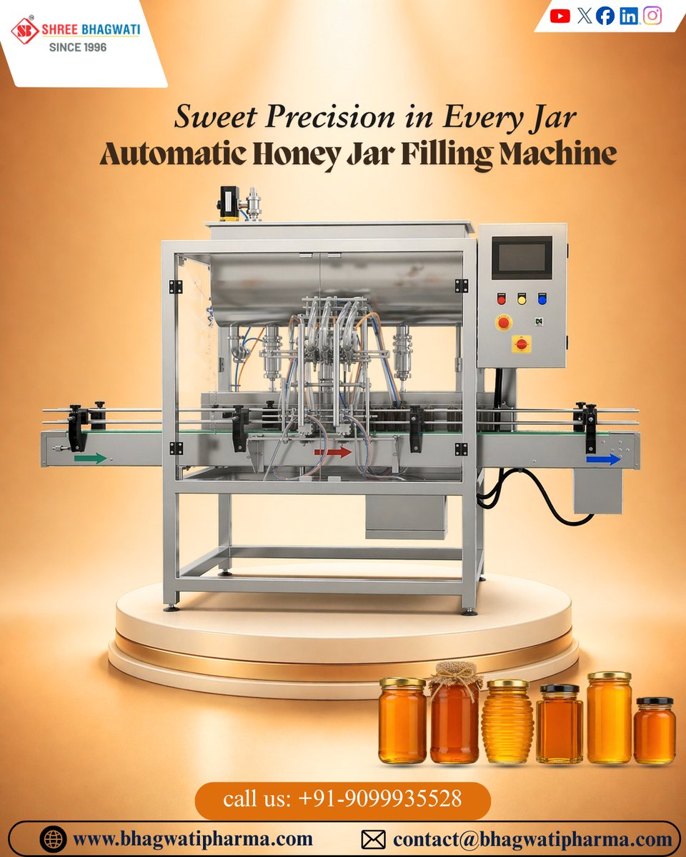 bhagwatipharma1's tweet photo. From the first jar to the last—precision stays consistent. 🍯
The Automatic Honey Jar Filling Machine delivers accurate, drip-free filling for viscous liquid products.
🔗 https://t.co/HVPMm51j27
#ShreeBhagwatiPharma #HoneyFillingMachine #AutomaticFiller #PackagingMachinery https://t.co/AoL9ON6HI7