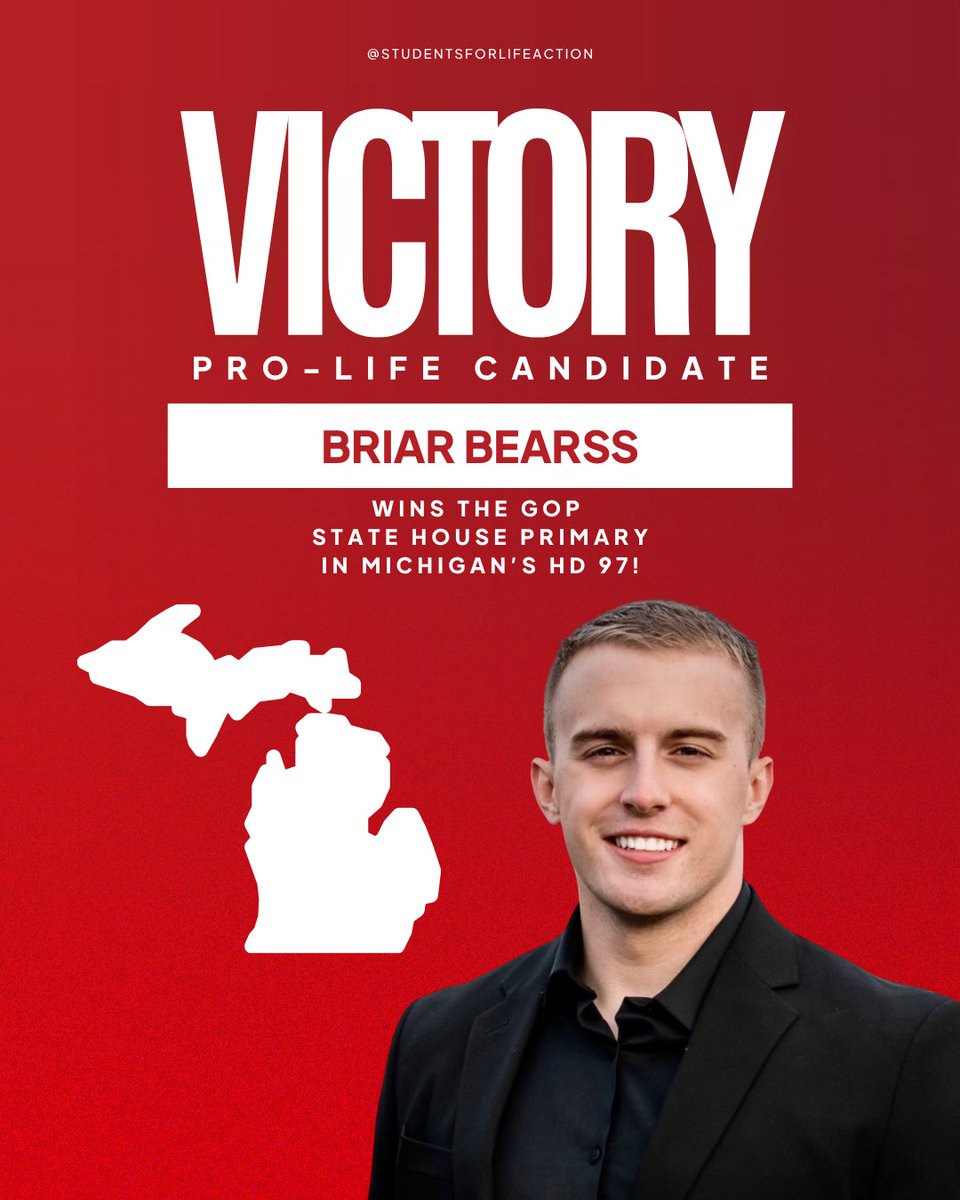 SFLAction's tweet photo. Michigan pro-lifers, take note: @bearss4michigan  won the GOP primary for State House District 97. Briar signed our SFLAction Candidate Pledge, committing to vote 100% pro-life if elected. Now the real work begins: beating the pro-abortion Democrat in November. https://t.co/FZn17yzVJo