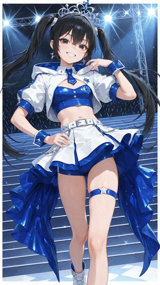 AliceLavli's tweet photo. スポーティーアイドルステージコスチュームの衣装プロンプトをどうぞ✨
short-sleeved cropped white athletic jacket with royal blue hood lining, white standing collar, front zipper closure, voluminous short sleeves with royal blue ribbed cuffs, bold royal blue stripe running along each sleeve, large royal blue star patch on one chest, matching star emblem on the opposite chest, royal blue sleeve patch, fitted royal blue sports crop top with bold white "19" printed on the front, white crossed halter straps with evenly spaced black square studs, matching white studded waistband, asymmetric pleated mini skirt in royal blue and pure white, crisp alternating blue and white pleats, large layered royal blue star appliqué on the left hip, wide white studded belt with long hanging belt tails, additional royal blue belt with silver buckle, long asymmetric overskirt draping from the left waist to ankle length, royal blue fabric with scattered white stars, wide white geometric border and angular stripe pattern, white inner lining, blue double thigh straps with silver buckles on one thigh, hanging silver chain ending in a large royal blue star charm, silver hardware throughout, sporty idol aesthetic, stage costume styling, royal blue and pure white color scheme only, black used only for small stud details, strict color placement