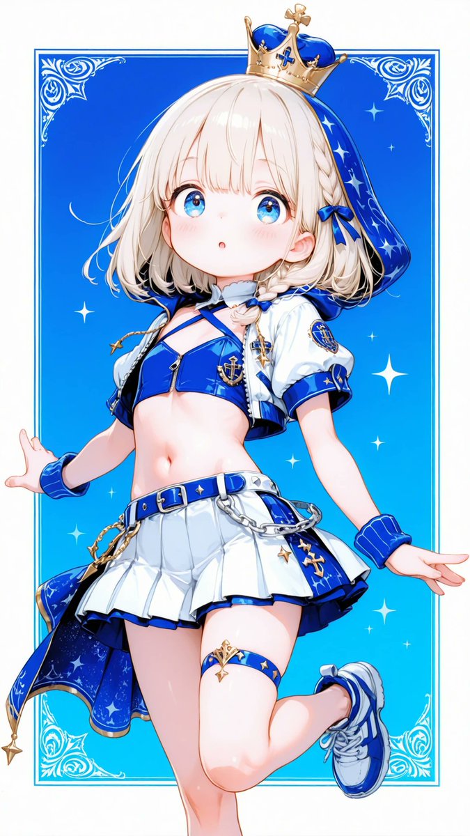 AliceLavli's tweet photo. スポーティーアイドルステージコスチュームの衣装プロンプトをどうぞ✨
short-sleeved cropped white athletic jacket with royal blue hood lining, white standing collar, front zipper closure, voluminous short sleeves with royal blue ribbed cuffs, bold royal blue stripe running along each sleeve, large royal blue star patch on one chest, matching star emblem on the opposite chest, royal blue sleeve patch, fitted royal blue sports crop top with bold white "19" printed on the front, white crossed halter straps with evenly spaced black square studs, matching white studded waistband, asymmetric pleated mini skirt in royal blue and pure white, crisp alternating blue and white pleats, large layered royal blue star appliqué on the left hip, wide white studded belt with long hanging belt tails, additional royal blue belt with silver buckle, long asymmetric overskirt draping from the left waist to ankle length, royal blue fabric with scattered white stars, wide white geometric border and angular stripe pattern, white inner lining, blue double thigh straps with silver buckles on one thigh, hanging silver chain ending in a large royal blue star charm, silver hardware throughout, sporty idol aesthetic, stage costume styling, royal blue and pure white color scheme only, black used only for small stud details, strict color placement