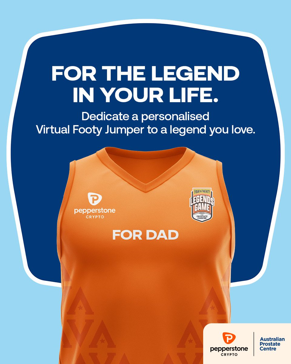 Legendsgameau's tweet photo. TAKE YOUR PLACE ON THE TEAM. π€
Buy your personalised Virtual Footy Jumper thanks to @PepperstoneX at https://t.co/M8IDIzkGmT. π
Available now! Only $25! Funding vital research and patient care at @AustProstate.
#LegendsGame #ProtectingLegends https://t.co/B6NPNdJfMI