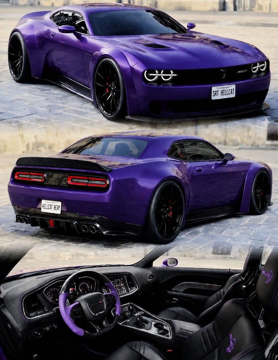 Faisalrehm21117's tweet photo. 💜 Purple Hellcat Beast | SRT Demon Energy 🔥.

From red fury to royal purple attitude 💜🔥
This Hellcat looks even more aggressive with a custom purple finish, black wheels, and a cockpit built for speed. A perfect blend of luxury, power, and attitude. 🏎️💨. https://t.co/5i7fMT86FJ