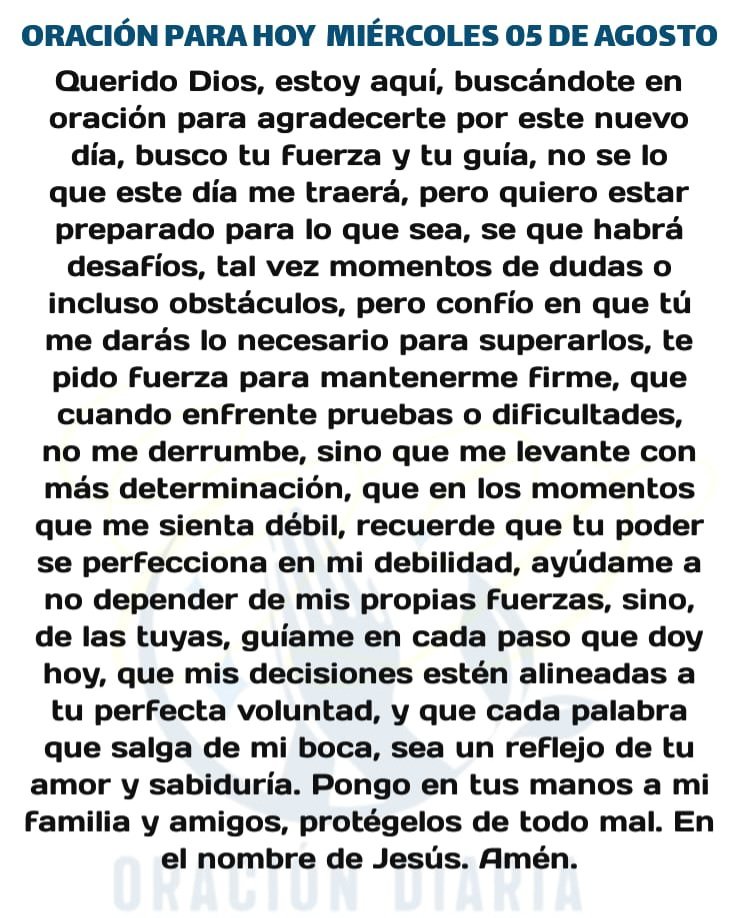 oracion_diaria's tweet photo. Oración Diaria para hoy Miércoles 05 de Agosto de 2026
 #OracionDiaria #OracionDeLaMañana #buen_dia https://t.co/yk4ErYyHqf