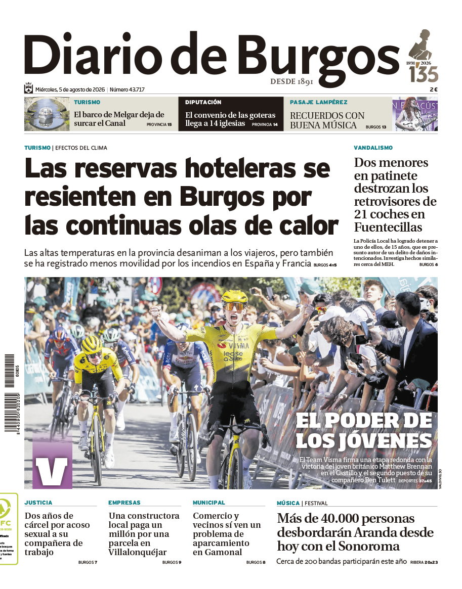 diariodeburgos's tweet photo. Hoy en DB:
-Las reservas hoteleras se resienten en Burgos por las olas de calor
-Dos menores en patinete destrozan los retrovisores de 21 coches en Fuentecillas
-Sonorama, que arranca hoy, espera unas 40.000 personas cada día
-El Visma se pone al frente de la Vuelta a Burgos https://t.co/ltnsWzeFgG