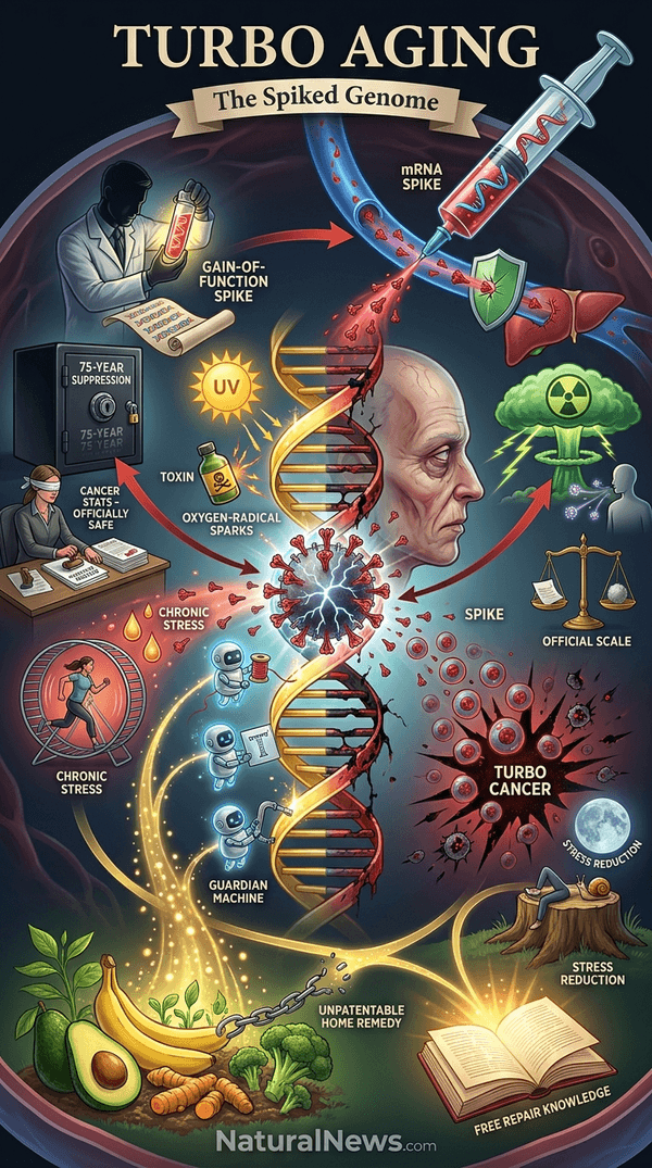 HealthRanger's tweet photo. My new infographic explains how spike protein toxins cause "turbo aging" (not just turbo cancer) by suppressing normal DNA repair mechanisms like NHEJ and HR. I'll have a full article on this tomorrow, with more details. Learn this information. It can help save your life by protecting your genomic integrity.