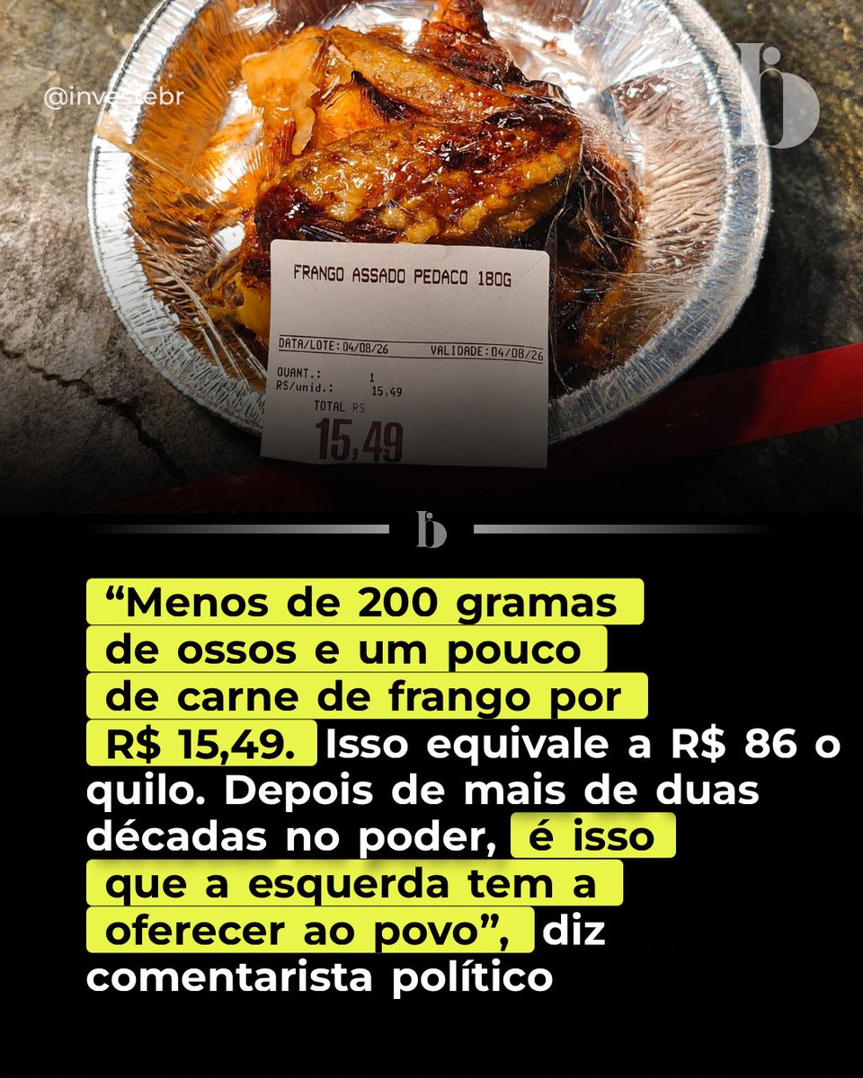 investebr's tweet photo. 🍗 Roberto Motta criticou o preço de um pacote de frango de menos de 200g, vendido por R$15,49, o que ele calculou ser R$86/kg. Ele usou o exemplo para criticar a esquerda e a alta dos alimentos no Brasil. Internautas também reclamaram dos preços. https://t.co/SkKrJ76gSw