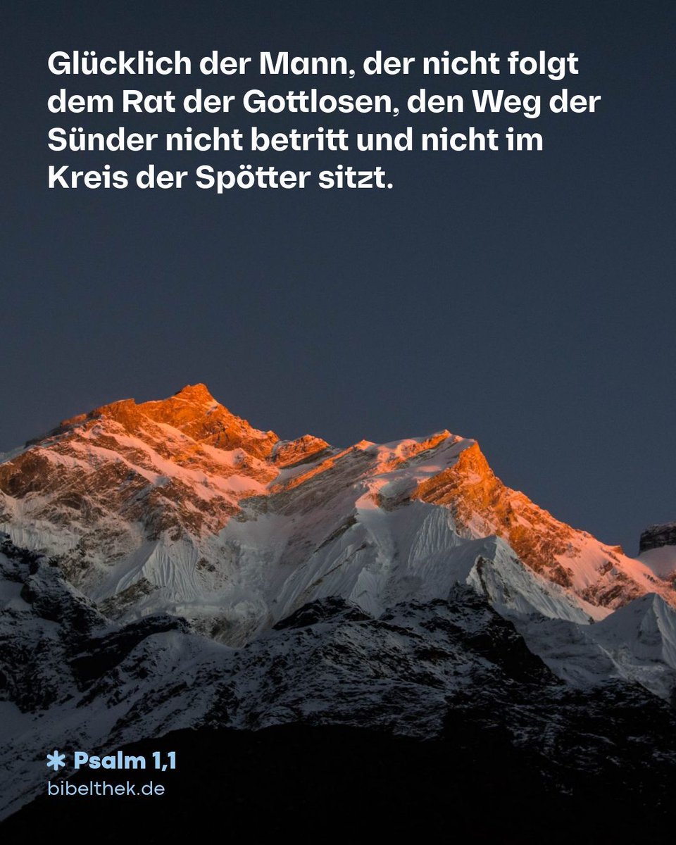 BibelTV's tweet photo. Glücklich der Mann, der nicht folgt dem Rat der Gottlosen, den Weg der Sünder nicht betritt und nicht im Kreis der Spötter sitzt, sondern seine Lust hat am Gesetz des Herrn und über sein Gesetz sinnt Tag und Nacht.
Psalm 1,1-2 (ELB)

https://t.co/5qpqNchNMI

#bibeltv #bibelthek https://t.co/xhRLonMXed