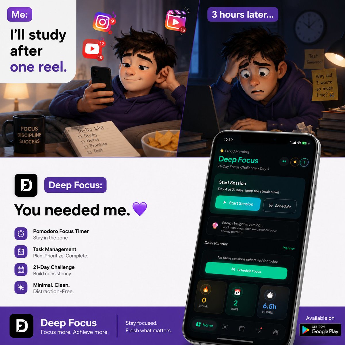 SANZOX26's tweet photo. "I'll study after one reel." 🤡

3 hours later... 😭

Deep Focus: You needed me. 💜

Try Deep Focus:  https://t.co/eBLKjMGCwP https://t.co/sp7TBmf2mk