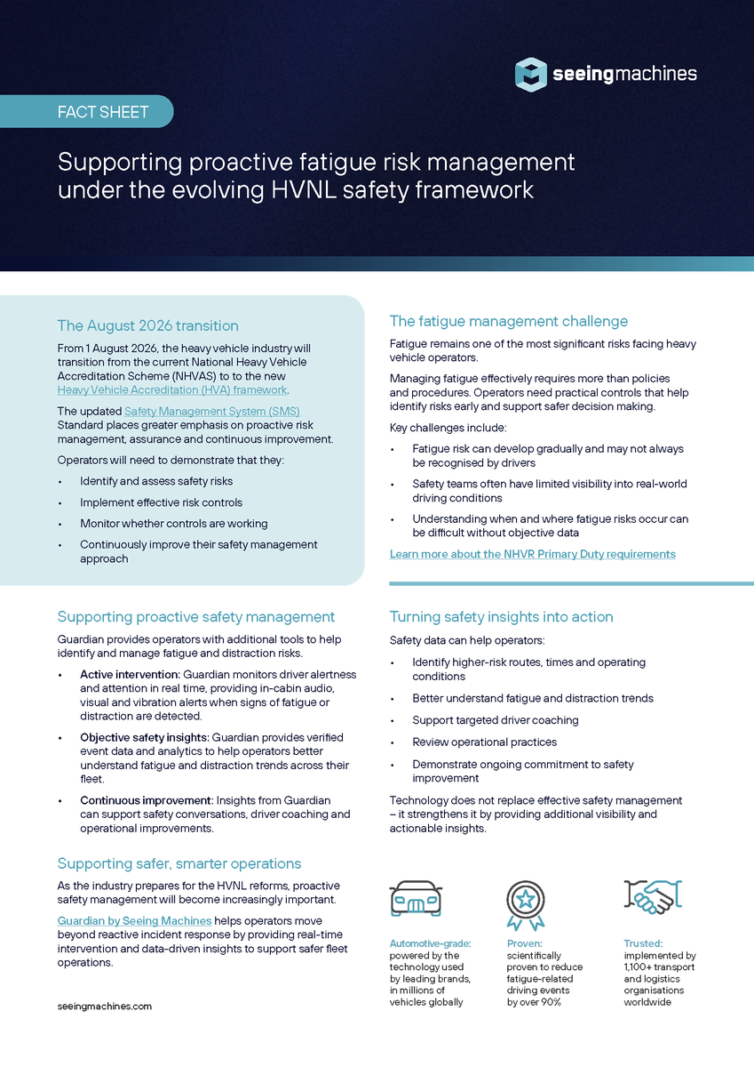 seeingmachines's tweet photo. Effective safety management starts with understanding risk. See how #Guardian helps fleets turn objective safety data into actionable insights.
🔗Download the fact sheet: https://t.co/zcR1E1zIGU
🔗Learn more: https://t.co/gXOtAJJU2u https://t.co/nysk1uPuaE