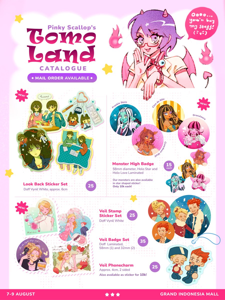 pinky_scallop's tweet photo. 🩷 &amp; 🔄 appreciated

Hello this is my Tomoland Catalogue!

[Mail order available]

📍Grand Indonesia
🍥7-9 August
🍧Look Back, Monster High, Veil, Kamikaze Girls, Zombie Stage, WHA, originals, and many more! 

See u there my cuties! (˶ˆᗜˆ˵) https://t.co/G4unFpgjm8