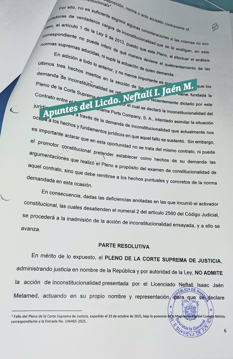 NeftaJaen19PA's tweet photo. *Pleno de la Corte Suprema no admite Demanda de Inconstitucionalidad, que presenté en marzo, contra la concesión Portuaria a M.I.T. ubicada en Colón.
*Bajo los mismos argumentos constitucionales que aplicaron a Panama Ports Company, presenté la Demanda, sin embargo decidieron no admitirla.
*En Londres cuando los árbitros vean esto, no comprenderán cómo en Panamá, se aplican normas constitucionales según la etnia que administre la concesión.