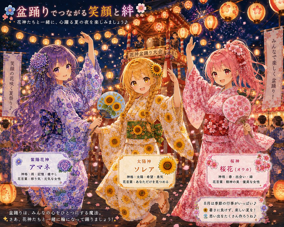 MeMaYuZ's tweet photo. 🏮🌸 花神たちと盆踊り♪

笑顔がつながる、夏の夜。
素敵な思い出がたくさん生まれますように✨

#花神図鑑 #盆踊り #夏祭り #アマネ #ソレア #桜花 https://t.co/HhDq8GJlId