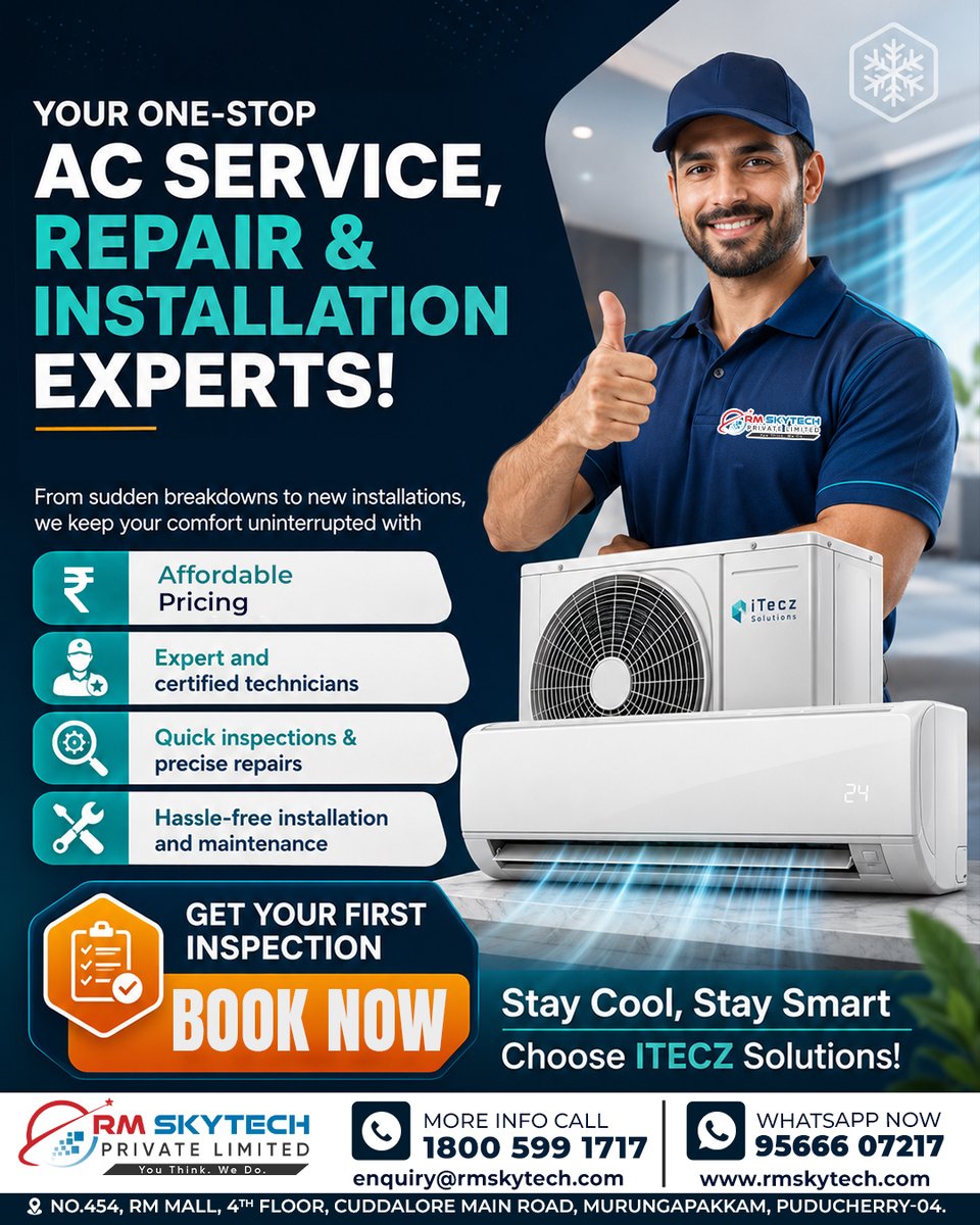 rm_repair_serv's tweet photo. ❄️ One Team. Complete AC Solutions.
Need AC repair, servicing, or a new installation?
RM SKYTECH delivers fast, reliable, and professional solutions for homes & businesses.
#RMSkyTech #ACRepair #ACService #ACInstallation #HVAC #StayCool #Puducherry #CoolingExperts https://t.co/wa9q6JwLAN