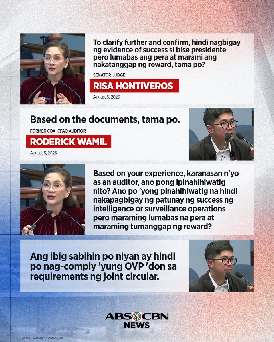 ABSCBNNews's tweet photo. ‘HINDI NAG-COMPLY ANG OVP’
 
Lumalabas na hindi sumunod ang Office of the Vice President sa kautusan ng Commission on Audit tungkol sa paggamit nito ng confidential funds, ayon kay dating COA ICFAO auditor Roderick Wamil.
 
Kinumpirma rin niyang hindi nagbigay ng “evidence of success” ang OVP kahit na nagamit ang pera at ipinamigay bilang pabuya. #VPOnTrial
