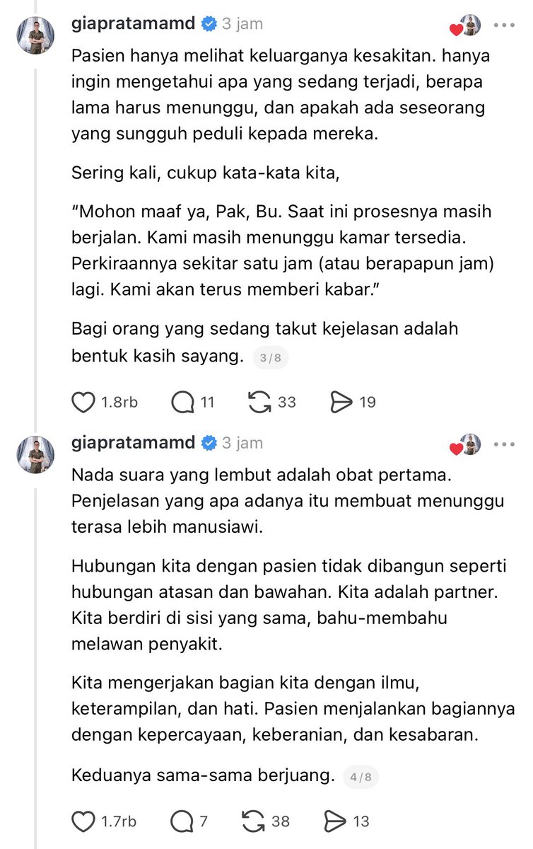 amourphelia's tweet photo. "Kita tahu semua itu, tapi pasien kan enggak"

"Kejelasan adalah kasih sayang"

Dari sekian bnyk dokter yg berusaha 'menenangkan' pernyataan dok Gia adalah yg bisa di terima tanpa prejudice. Karna sejak awal brandingan personal dokter ya harusnya seperti ini. Dua belah pihak, pasien maupun nakes, yuk mawas diri. 

Tapi...
Sekali lagi pake tapi... kami pasien ini orang awam. Beri tahu saja jika salah, jelaskan biar kami paham. Jangan disumpahi masuk kamar mayat atau potong Nadi.