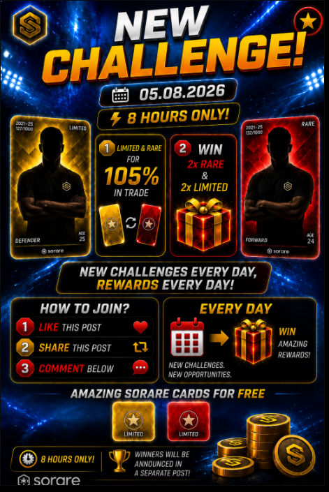 PawelTrader_'s tweet photo. 🚨 NEW 8-HOUR CHALLENGE IS LIVE! 🚨🔥

⏰ Only 8 hours to participate!
📅 05.08.2026
🔥 Special Trading Challenge!
💱 Trade your Limited & Rare cards and get 105% value back!
🎁 TODAY'S REWARDS:
🏆 2x Rare Cards
🏆 2x Limited Cards
🎉 FREE GIVEAWAY ALERT! 🎉
Win amazing 2x Limited Sorare Cards! ⚽🔥
✅ How to join:
❤️ Like this post
🔁 Repost & share with the community
💬 Comment your Sorare username below

🎲 Winners will be chosen randomly after the challenge ends!
🍀 Good luck everyone!
🚀 Let’s grow the Sorare community together!
#Sorare #SorareFootball #SorareCommunity #SorareGlobal #NFTFootball #FantasyFootball #FootballNFT #Web3Gaming #DigitalCards #FootballFans #CryptoGaming #NFTCommunity #FootballCollectors #SorareRewards #SorareGiveaway #FantasySports