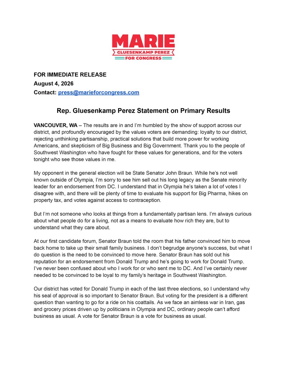 MGPforCongress's tweet photo. The results are in and I’m humbled by the show of support across our district, and profoundly encouraged by the values voters are demanding: loyalty to our district, rejecting unthinking partisanship, practical solutions that build more power for working Americans, and skepticism of Big Business and Big Government. Thank you to the people of Southwest Washington who have fought for these values for generations, and for the voters tonight who see those values in me.