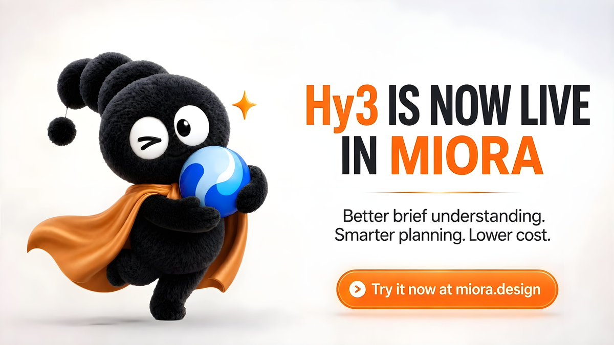 Miora_Design's tweet photo. Tencent's Hy3 is now live in Miora!!
It reads your brief better, plans sharper, and coordinates image, video, 3D, and UI more efficiently. https://t.co/bXsRfbb8zG