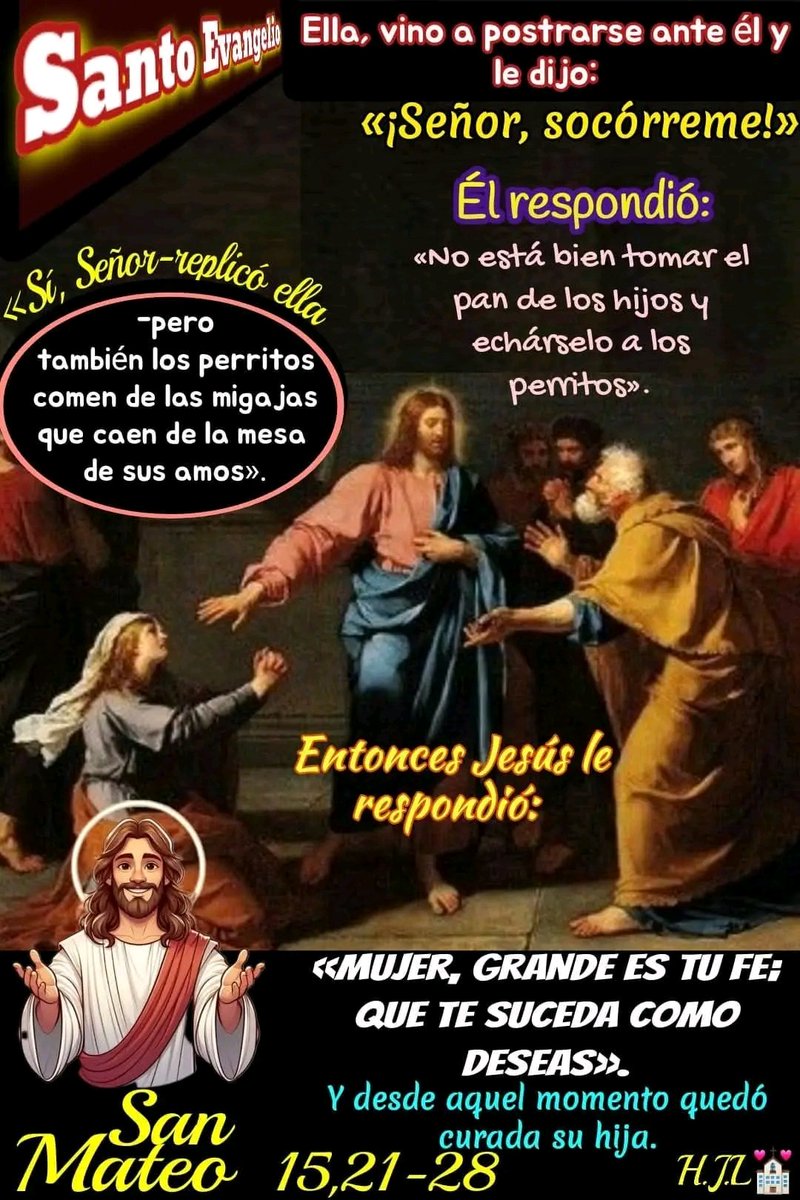 ervin_siles's tweet photo. Alleluia 
Luke 7:16
R. Alleluia, alleluia.
A great prophet has arisen in our midst
and God has visited his people.
R. Alleluia, alleluia.

Gospel
Matthew 15:21-28
At that time Jesus withdrew to the region of Tyre and Sidon.
And behold, a Canaanite woman of that district came and called out,
“Have pity on me, Lord, Son of David!
My daughter is tormented by a demon.”
But he did not say a word in answer to her.
His disciples came and asked him,
“Send her away, for she keeps calling out after us.”
He said in reply,
“I was sent only to the lost sheep of the house of Israel.”
But the woman came and did him homage, saying, “Lord, help me.”
He said in reply,
“It is not right to take the food of the children
and throw it to the dogs.”
She said, “Please, Lord, for even the dogs eat the scraps
that fall from the table of their masters.”
Then Jesus said to her in reply,
“O woman, great is your faith!
Let it be done for you as you wish.”
And her daughter was healed from that hour.