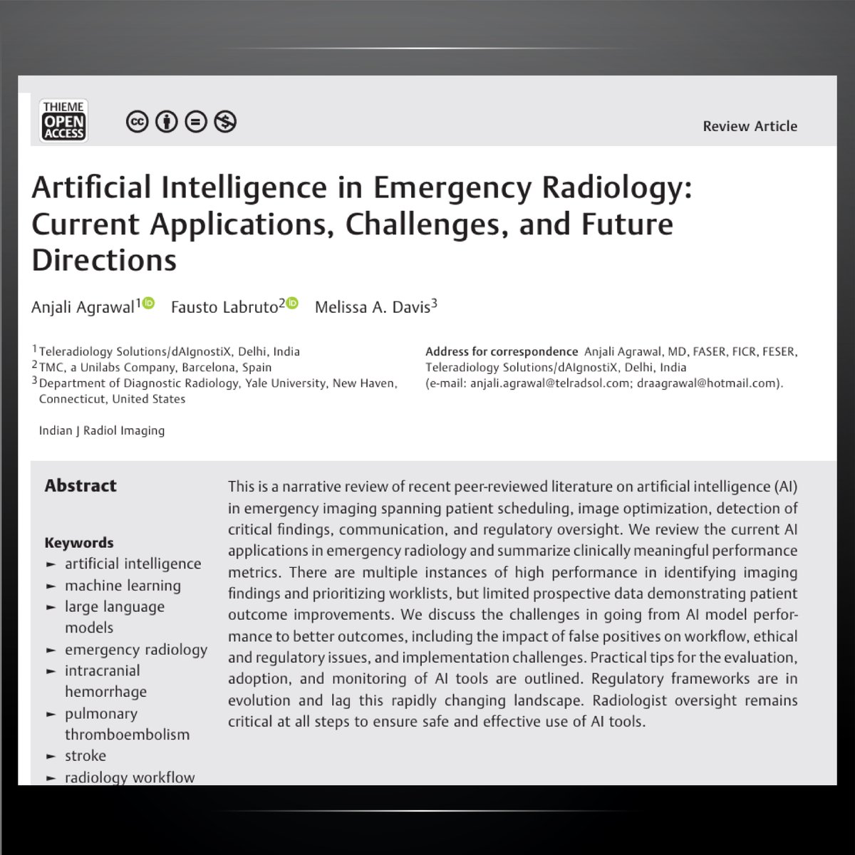 dAIgnositX's tweet photo. AI can detect a brain bleed with high sensitivity but does high performance translate into better patient care?

Dr. Anjali Agrawal et al. review AI in emergency radiology, implementation challenges, and importance of validation &amp; radiologist oversight.
https://t.co/R9UvVUfF1H https://t.co/1sMZdz3VTV