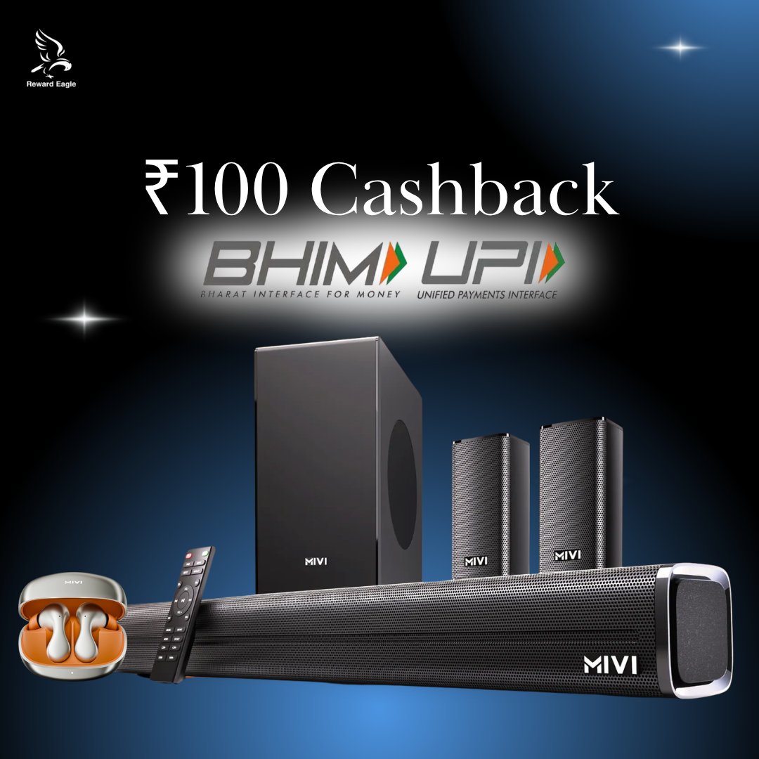 Reward_Eagle's tweet photo. Premium sound, extra savings! ✨ Get ₹100 CASHBACK on Mivi via Reward Eagle when paying with BHIM UPI.
🔗 Buy now: https://t.co/1ZFbT3L0TV
#mivi #soundsystem #cashback #rewardeagle #soundblast #MusicLovers https://t.co/fYGT5DcgMF