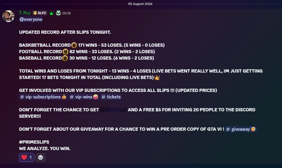 PrimeSlipzz's tweet photo. CRAZYY WINS LAST NIGHT🤯
17 Total bets - 13 Wins - 4 Loses🤯
UPDATED RECORD:
BASKETBALL🏀171 WINS - 53 LOSES.
FOOTBALL⚽️82 WINS - 33 LOSES.
BASEBALL⚾️30 WINS - 12 LOSES.
JOIN OUR DISCORD SERVER TO GET INVOLVED💰
https://t.co/Ri0rRZPs8z
#primeslips
#parley
#WNBA
#NBAPicks https://t.co/J3Xweqgrsa