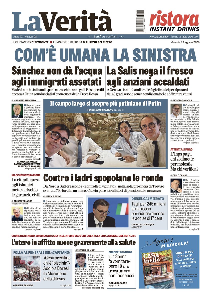 LaVeritaWeb's tweet photo. #LaVeritàdioggi

Com’è umana la sinistra

🗞️ Sánchez non dà l’acqua agli immigrati assetati
🗞️ La Salis nega il fresco agli anziani accaldati
🗞️ Il campo largo si scopre più putiniano di Putin

https://t.co/ywWcjUyacQ https://t.co/vcBpVrXeR6