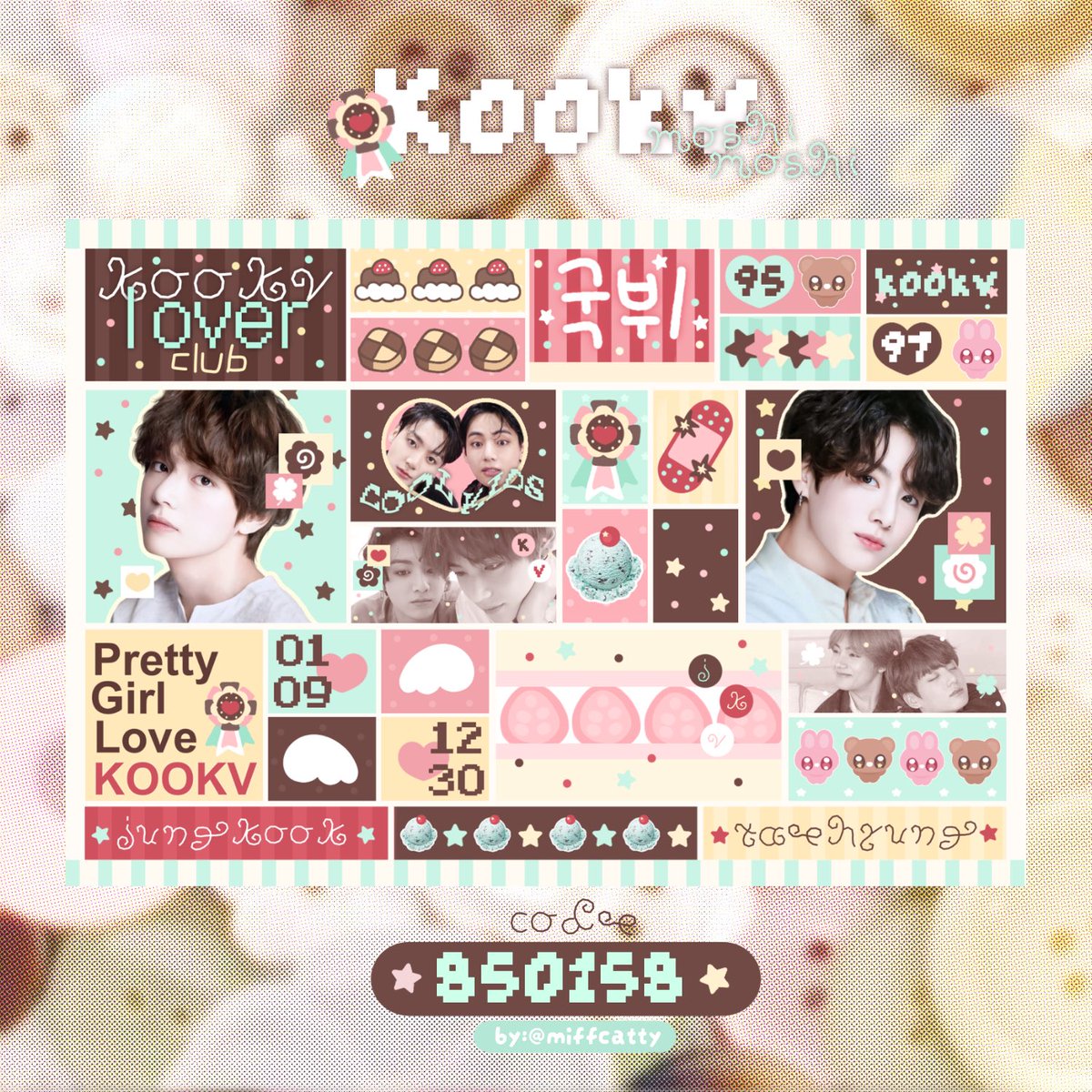 miffcatty's tweet photo. เอาของกุกวีมาเสิร์ฟแร้วคับเชฟฟฟ 🍧🛼🍎

★ sticker ตู้โมชิโมชิ
kookv by @miffcatty 

🥥🪸 CODE : 850158

（｡･ω･｡) ปริ้นแล้วมาอวดกันได้น้าาาา ไว้ทำมาลงอีกเยอะเย้อคั้บ ! 🤲🏻

* for personal use only *

( #cattyw0rk #artwotkอาร์มี่ #MoshiMoshi #bts ) https://t.co/BeaJXd9lcU