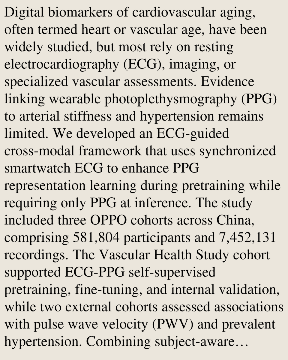 SignalPapers's tweet photo. Smartwatch Photoplethysmography-Derived Heart Age via ECG-Guided Cross-Modal Pretraining as a Digital Biomarker of Vascular Aging

Donglin Xie, Xueying Gui, Yutian Zhu, Feng Xu, Guangkun Nie, Chenyang Xu, Jun Li, Shuailong Tang, …
https://t.co/kvPBydky7i [𝚎𝚎𝚜���.𝚂𝙿] https://t.co/FMhobnK7Uo