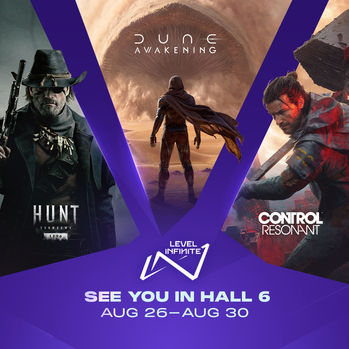 LevelInfinite's tweet photo. Your next adventure starts here!

Brave the sands of @DuneAwakening, unravel the mysteries of CONTROL Resonant, and risk it all for the bounty in the all-consuming world of @HuntShowdown.

Get hands-on and explore these games at the Level Infinite booth during gamescom 2026!

To celebrate, we're giving away tickets to @gamescom! Check the comments for details.

See you there!