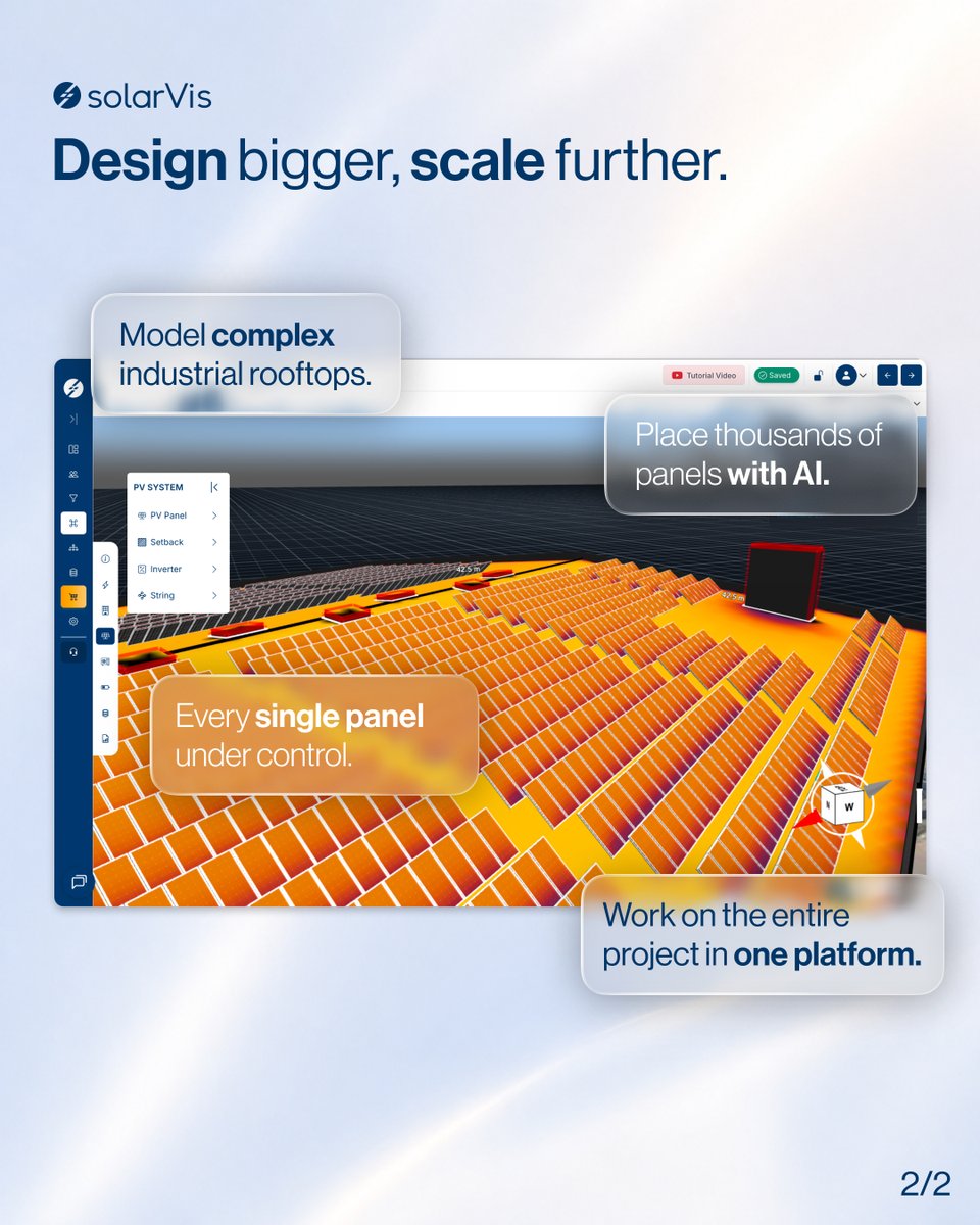 solarvisco's tweet photo. From rooftop to 50 MWp.

Complex rooftops, thousands of panels, and disconnected tools can turn large-scale C&amp;I design into hours of manual work.
Handle it all with solarVis.

More capacity, less complexity. https://t.co/aNwnjI2wwk