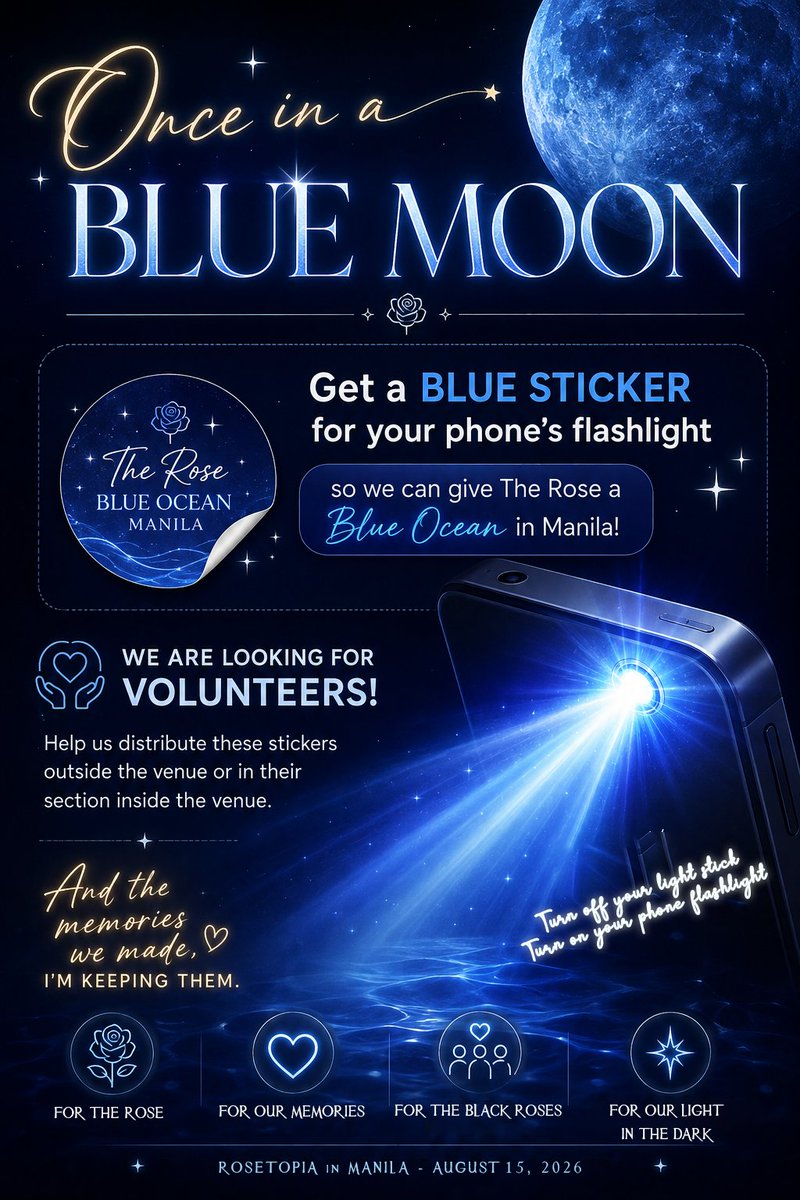 fortherose_0803's tweet photo. Once in a BLUE MOON.

#ROSETOPIA in Manila Blue Ocean for Blue Moon!

A simple project to make memories with #THEROSE that we can keep until we meet each other again someday.

Please let me know if you want to volunteer for distribution or if you will be buying your own sticker. https://t.co/yvbaMeiesd