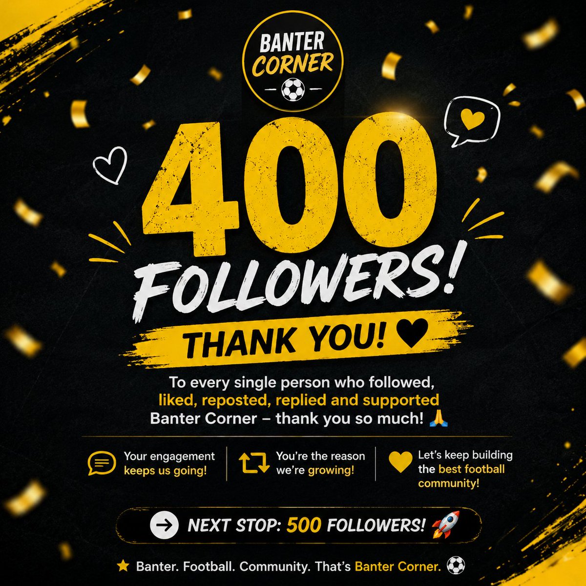 BanterConner7's tweet photo. We just hit 400 followers! ❤️

Thank you to everyone who's liked, reposted, replied, and followed this page.

Banter Corner isn't growing because of me alone—it's growing because of this amazing football community.

Next stop: 600 followers! 🚀⚽

Say congratulations in cs https://t.co/Z9khA7d3mJ