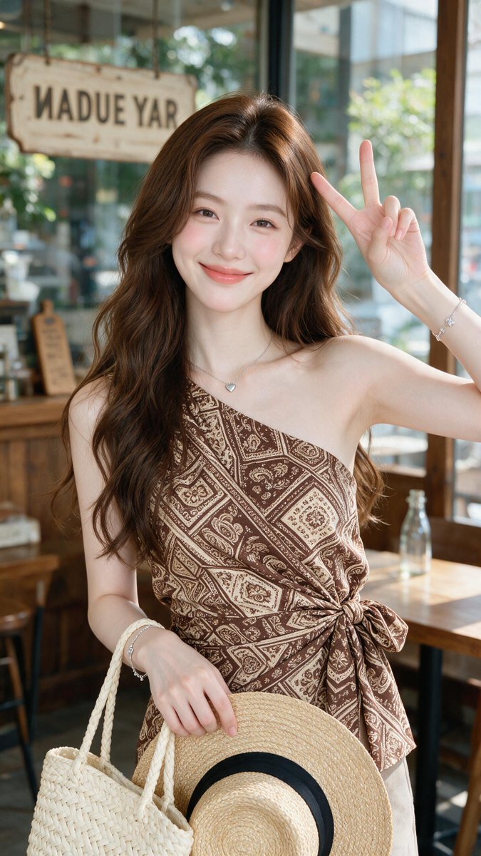 woleswoosh's tweet photo. [Seedream 5.0 Pro Prompt] | ar 9:16 4K
Created on @TopviewAIhq @topviewaijp #Topview

With Batik

A young East Asian woman in her early 20s with fair porcelain skin, soft natural makeup, rosy cheeks, and glossy peach-pink lips, looking directly at the camera with a gentle, confident smile. She has long, wavy chestnut-brown hair cascading over her shoulders. Her left hand is raised near her head making a peace sign (V-sign), while her right hand lightly holds a cream-colored woven handbag and a wide-brimmed straw hat with a black ribbon. She wears a sleeveless one-shoulder wrap top with an intricate retro geometric and floral paisley pattern in rich brown and soft beige tones, the fabric tied into a neat bow at her left side for a waist-cinching silhouette. Delicate silver jewelry includes a thin chain necklace with a small heart pendant, a bracelet on her right wrist, and another on her left. Soft natural daylight illuminates her from the side. Background is a cozy modern café interior with warm wooden furniture, a large glass window showing outdoor greenery, a reverse-text café sign reading “NADUE YAR”, a menu board, and a glass bottle on a table. Highly detailed, photorealistic, soft bokeh, fashion photography style, 8k.