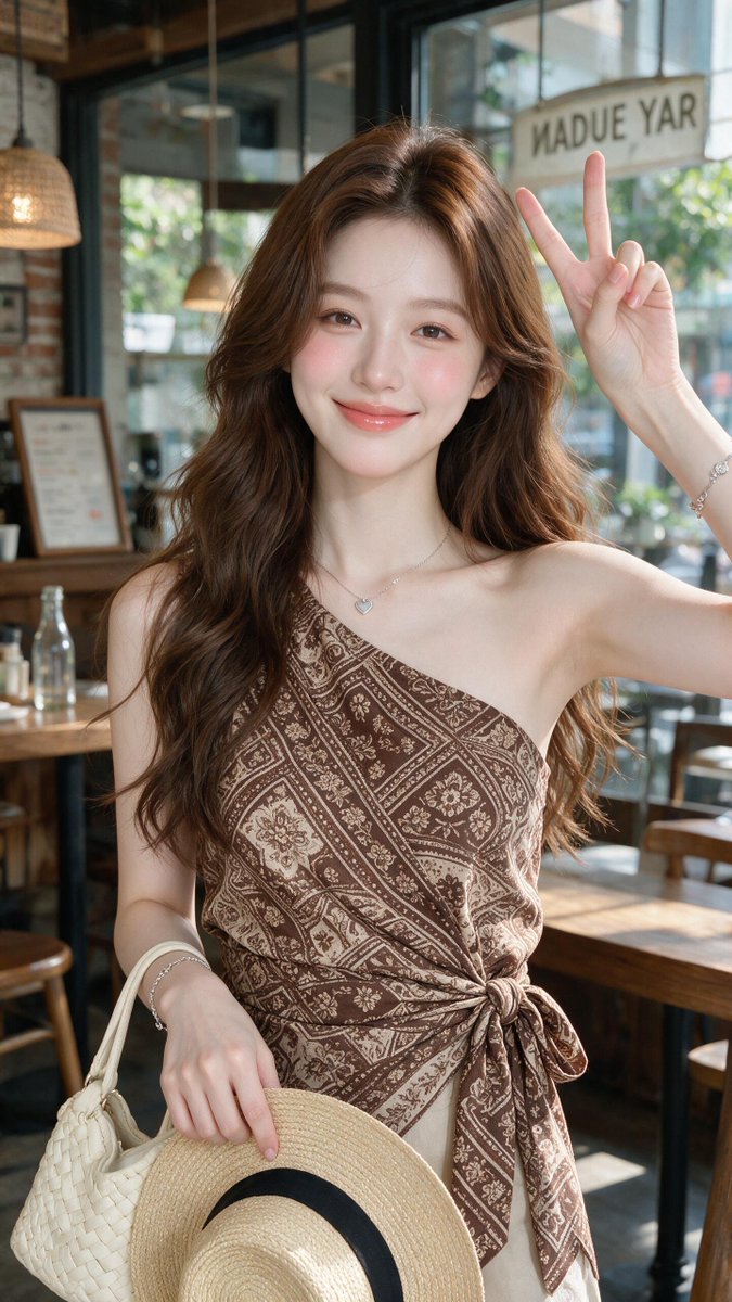 woleswoosh's tweet photo. [Seedream 5.0 Pro Prompt] | ar 9:16 4K
Created on @TopviewAIhq @topviewaijp #Topview

With Batik

A young East Asian woman in her early 20s with fair porcelain skin, soft natural makeup, rosy cheeks, and glossy peach-pink lips, looking directly at the camera with a gentle, confident smile. She has long, wavy chestnut-brown hair cascading over her shoulders. Her left hand is raised near her head making a peace sign (V-sign), while her right hand lightly holds a cream-colored woven handbag and a wide-brimmed straw hat with a black ribbon. She wears a sleeveless one-shoulder wrap top with an intricate retro geometric and floral paisley pattern in rich brown and soft beige tones, the fabric tied into a neat bow at her left side for a waist-cinching silhouette. Delicate silver jewelry includes a thin chain necklace with a small heart pendant, a bracelet on her right wrist, and another on her left. Soft natural daylight illuminates her from the side. Background is a cozy modern café interior with warm wooden furniture, a large glass window showing outdoor greenery, a reverse-text café sign reading “NADUE YAR”, a menu board, and a glass bottle on a table. Highly detailed, photorealistic, soft bokeh, fashion photography style, 8k.