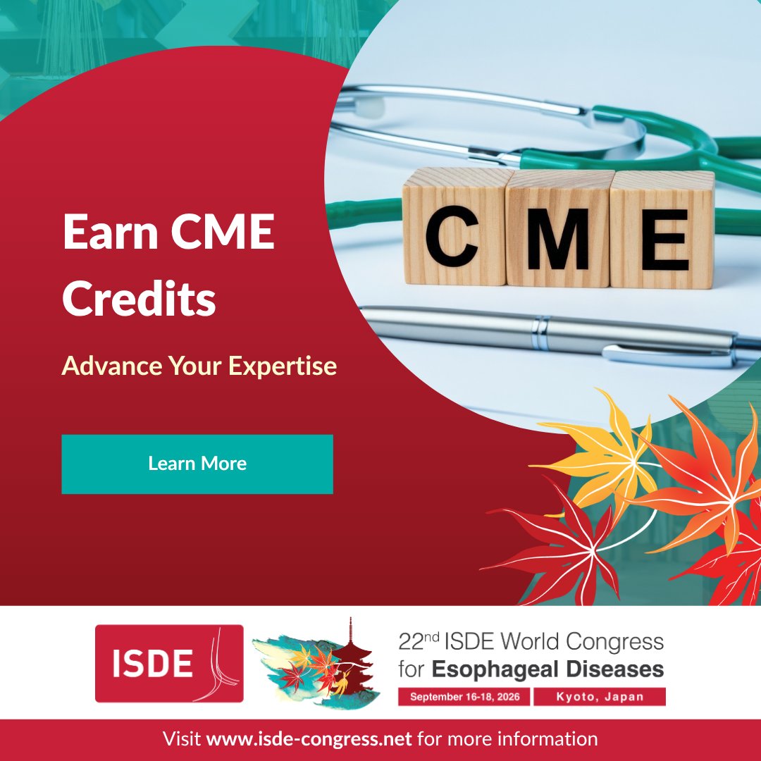 ISDE_net's tweet photo. Advance your expertise at #ISDE2026!

Earn up to 17.0 European #CME credits (ECMEC®s) accredited by EACCME® while exploring the latest advances in #esophageal diseases with global experts.

🔗 https://t.co/odSTVeeFvi
#CME #MedicalEducation https://t.co/ymzNqlBz3q