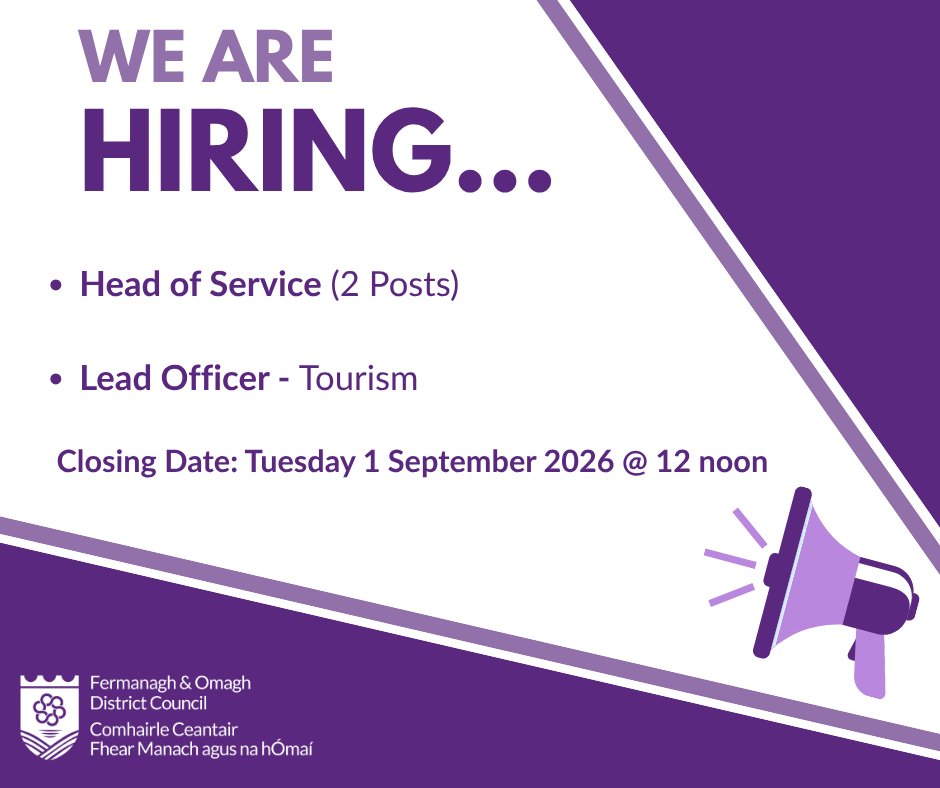fermanaghomagh's tweet photo. We’re Hiring! 💼

Fermanagh &amp; Omagh District Council is recruiting for:

🔹 Head of Service (2 Posts)
 🔹 Lead Officer - Tourism

⏰ Closing Date: Tuesday 1 September 2026 at 12 noon

Apply now 👉 https://t.co/Ol7eOQNaA6 https://t.co/vHlTNBL1Om