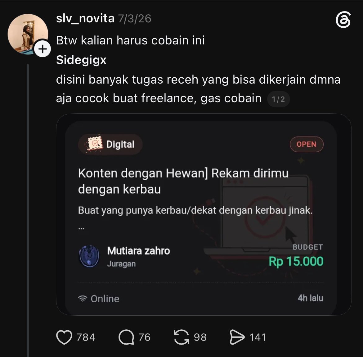 forsakendreads's tweet photo. abis liat aplikasi yang lagi rame di threads ‘sidegigx’ klaim app market tapi banyakan berupa kelarin challenge/mission terus nanti dapet duit berasa liat blackmirror in real life https://t.co/aFNKclcj8B