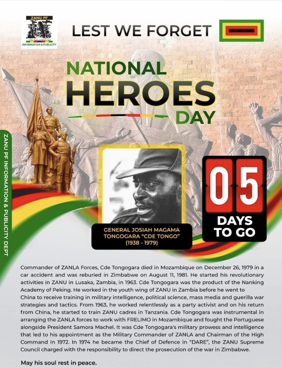 benjaminmudanhu's tweet photo. Five days to Heroes Day.
Today we remember General Josiah Magama Tongogara, whose commitment to the liberation struggle remains a lasting chapter in Zimbabwe's history. May his legacy live on.
#HeroesDay2026 #RememberingOurHeroes https://t.co/XuXnHHVTcC