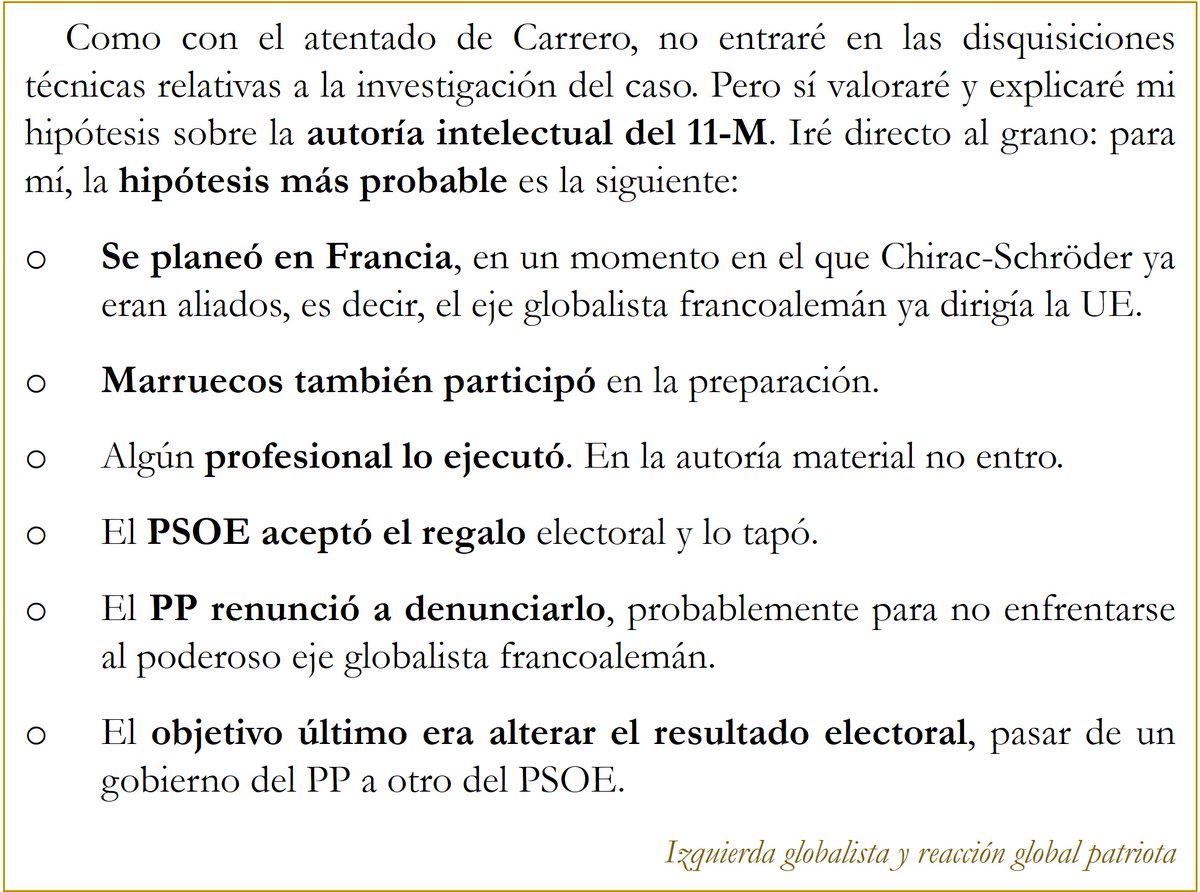 BrainstormCarlo's tweet photo. España no podrá librarse de la extorsión de Marruecos mientras no destape lo ocurrido el #11M de 2004. Ya que si no Marruecos puede amenazar con ser ellos quienes destapen cómo llevaron al PSOE al gobierno.

España no puede reformar su estructura política sin entender quién y por qué puso las trampas que vuelven corrupta y disfuncional nuestra vida política.

Todo esto lo describo de una manera sencilla y clara en el siguiente libro: https://t.co/o0SSQVlSSu