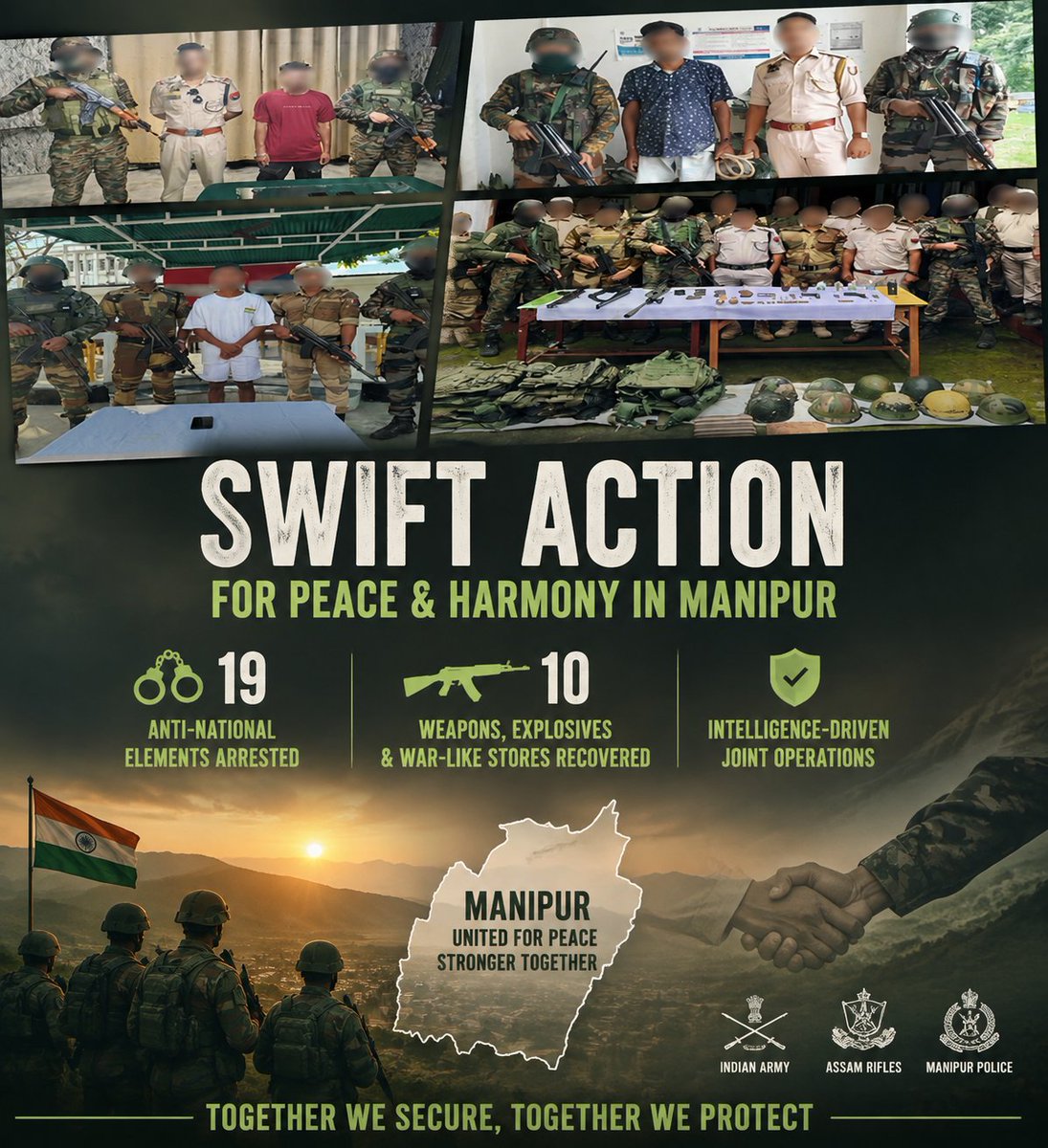 customheritage4's tweet photo. 🛡️ Protecting Peace, Strengthening Security
From #Ukhrul to #ImphalEast, #Kakching to Tengnoupal, coordinated operations by #IndianArmy, #Assam Rifles and #ManipurPolice have disrupted networks involved in anti-national activities.
Every successful operation brings #Manipur closer to lasting peace and harmony.
#EndTerrorInNortheast #Peacebuilding #AssamRifles #NoToTerrorism #PeaceinManipur