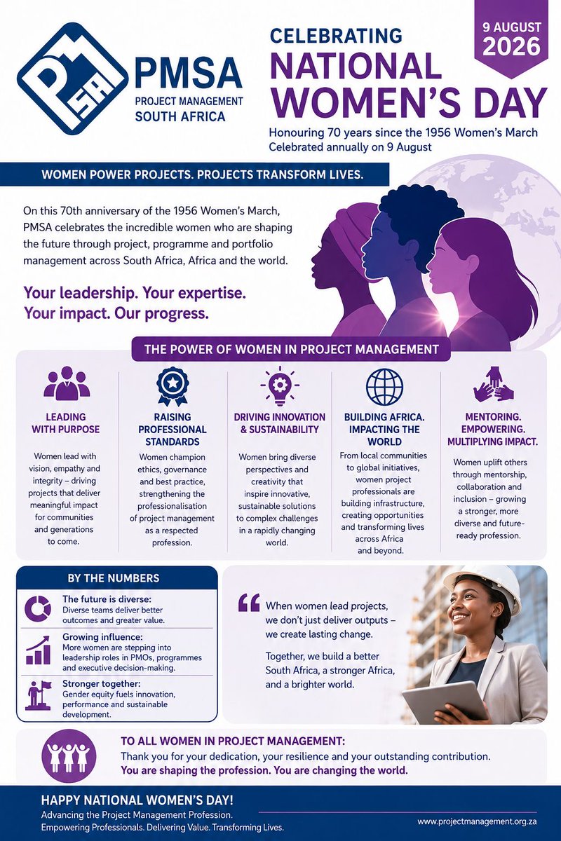 ProjectManageSA's tweet photo. 💜 Happy #NationalWomensDay2026!

Today PMSA celebrates the women leading projects, driving innovation, mentoring others, and creating lasting impact across South Africa and beyond.

👉 https://t.co/J0WT1JM4ZM

#PMSA #WomenInProjectManagement #Leadership #ProjectManagement https://t.co/aTIg8CyaYW