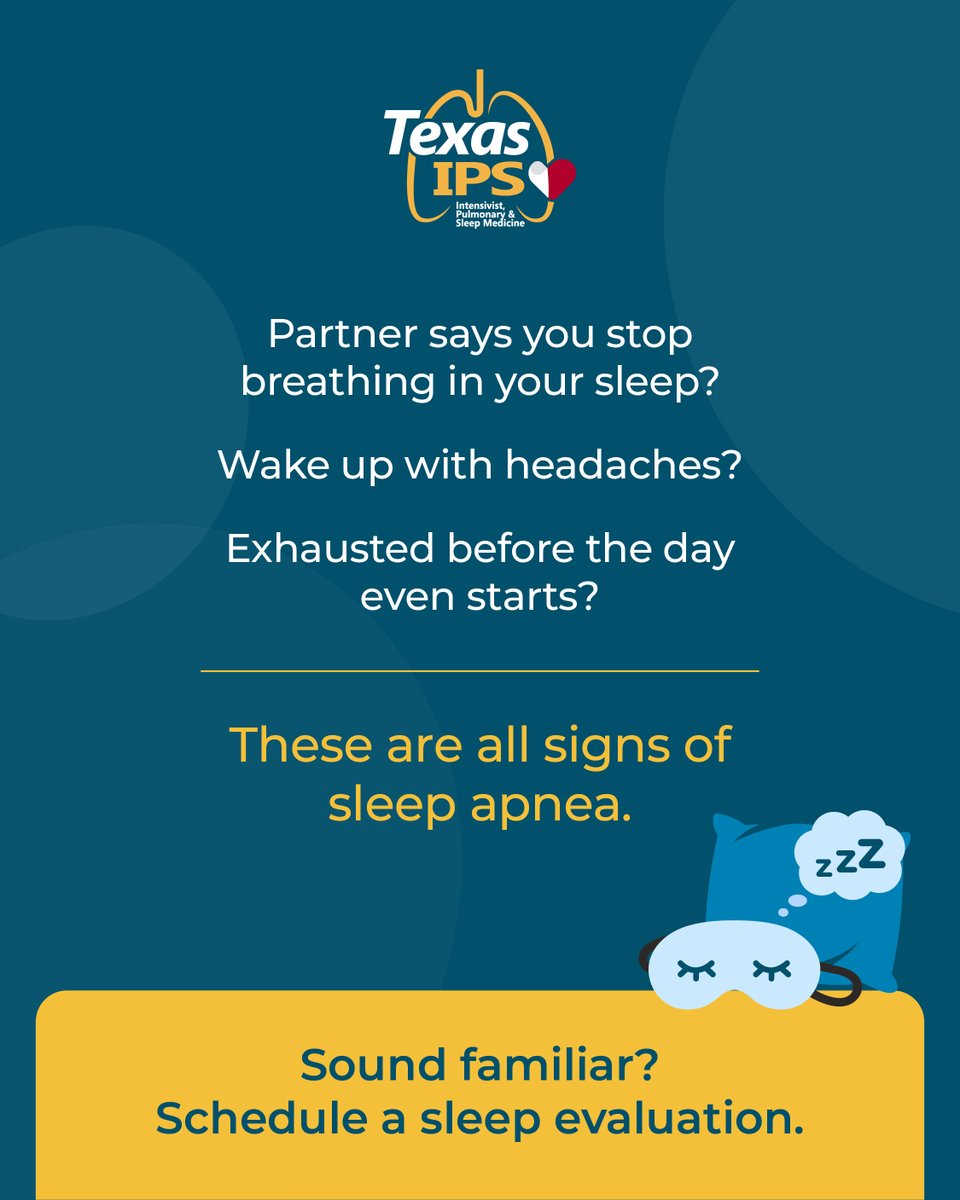 Texas_IPS's tweet photo. Untreated sleep apnea is linked to heart attack, stroke, and accidents. The good news: testing is simple, and treatment can be life-changing. https://t.co/bkKV4JTjhp https://t.co/JQUYGzbxo8