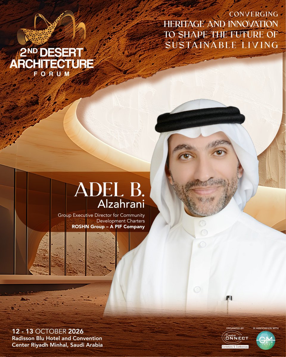 WorldArchForum's tweet photo. Great cities are built around people. 🇸🇦 Adel B. Alzahrani, Group Executive Director for Community Development Charters, ROSHN Group – A PIF Company, joins the 2nd Desert Architecture KSA Forum.

🔗 https://t.co/vctDzbTEYQ https://t.co/Xv3AHUogdM