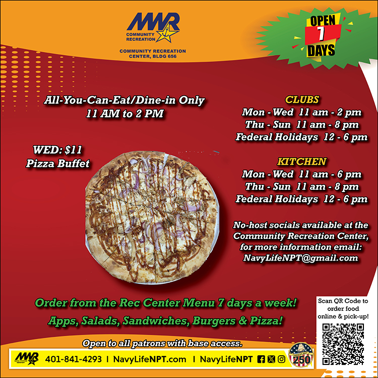 NavyLifeNPT's tweet photo. #PizzaBuffet every Wednesday from 11 AM-2 PM at the Community Recreation Center. Unlimited slices and full salad bar. Open to all patrons with base access! #PizzaLovers #NavySailor #NAVSTANPTMWR #NavyFamily #NavyLifeNPT https://t.co/b9r1dv6kr0