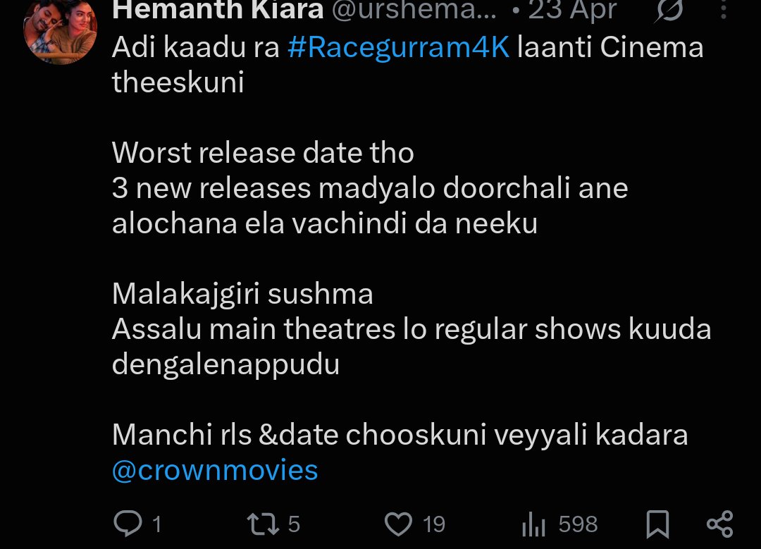 ojass_07's tweet photo. Race Gurram ki kuda ide sollu cheppv kada ra crossbreed ga 🤣
Mee brathukki families neutrals tho vachina collections cheppukuni brathakatame...
Day 1s re release lu fanbase ante tengadu https://t.co/rvYWfYynP1