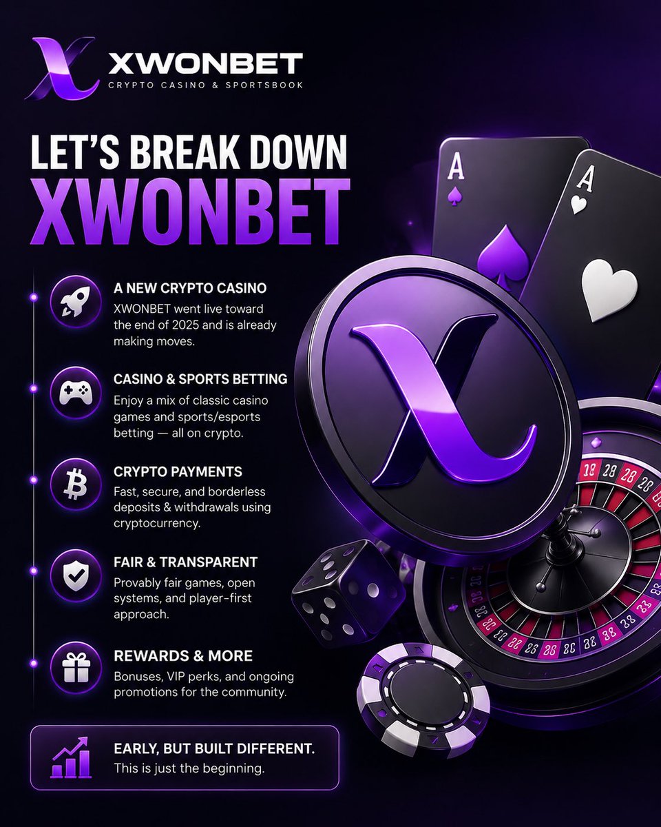 autonomoussweb3's tweet photo. Let’s break down XWONBET properly.

@xwonbetcom 

It’s a new crypto casino that went live toward the end of 2025. The platform is still early, but it’s already offering a mix of classic casino games and sports/esports betting, all running on cryptocurrency.

In this thread, I’ll walk through every part of the project what it is, the games, how payments work, the fairness claims, the rewards, and what they’re currently building. No fluff, just a clear look at what’s there.