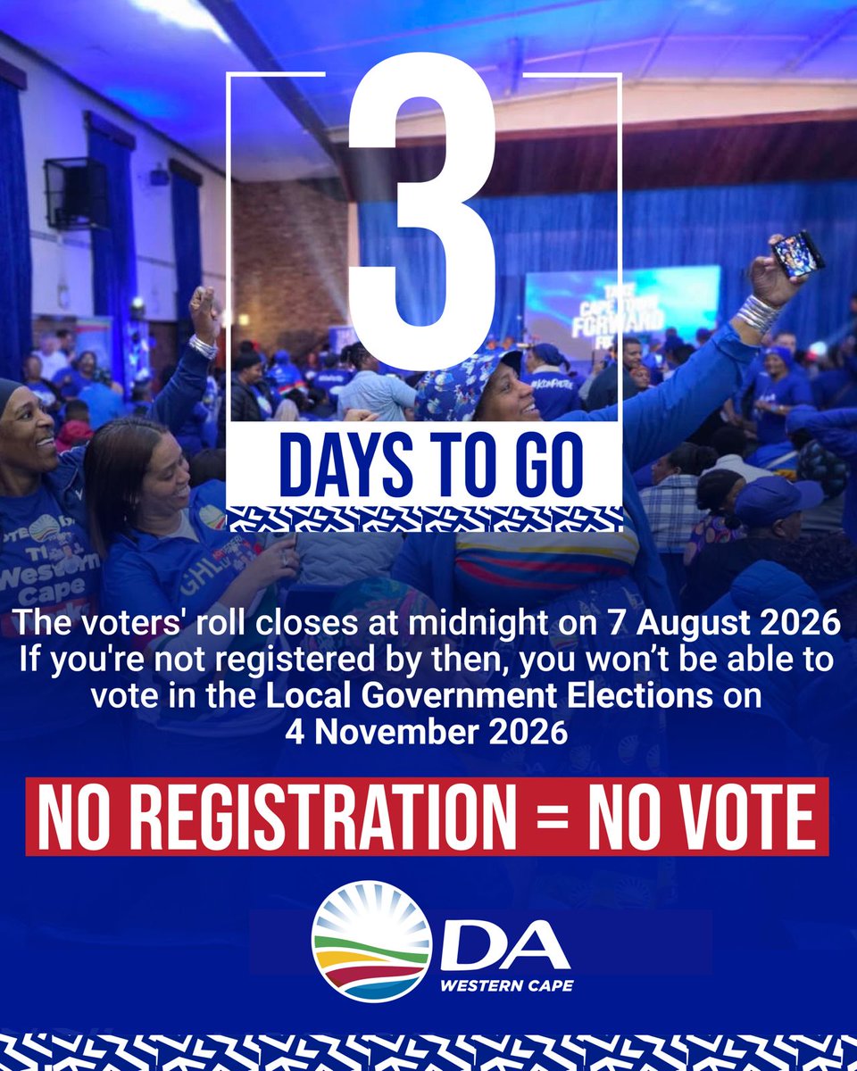 WesternCapeDA's tweet photo. 💙 Keep it lekker - Register to vote online while you still can... 3 days left to register to vote online.

😉With the DA, future you will thank you!

🗳️Check your registration details:
https://t.co/weCwdhNe9U

#VoteDA 💙 https://t.co/XjOWqHsjbS